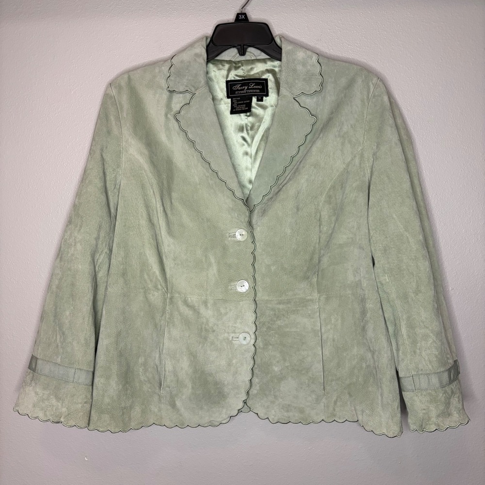 Terry Lewis Classic Luxuries Sage Green Suede Scalloped Leather Blazer Jacket 1X